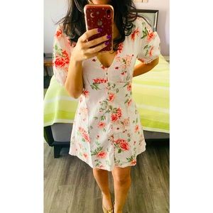 Zara White Linen Blend Puff Sleeve Button Front Dress